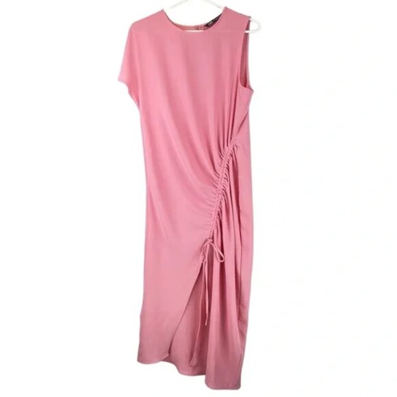 NWT Zara Pink Draped Asymmetrical Ruched Midi Dress Size S Boho Lagenlook NEW - Picture 7 of 14